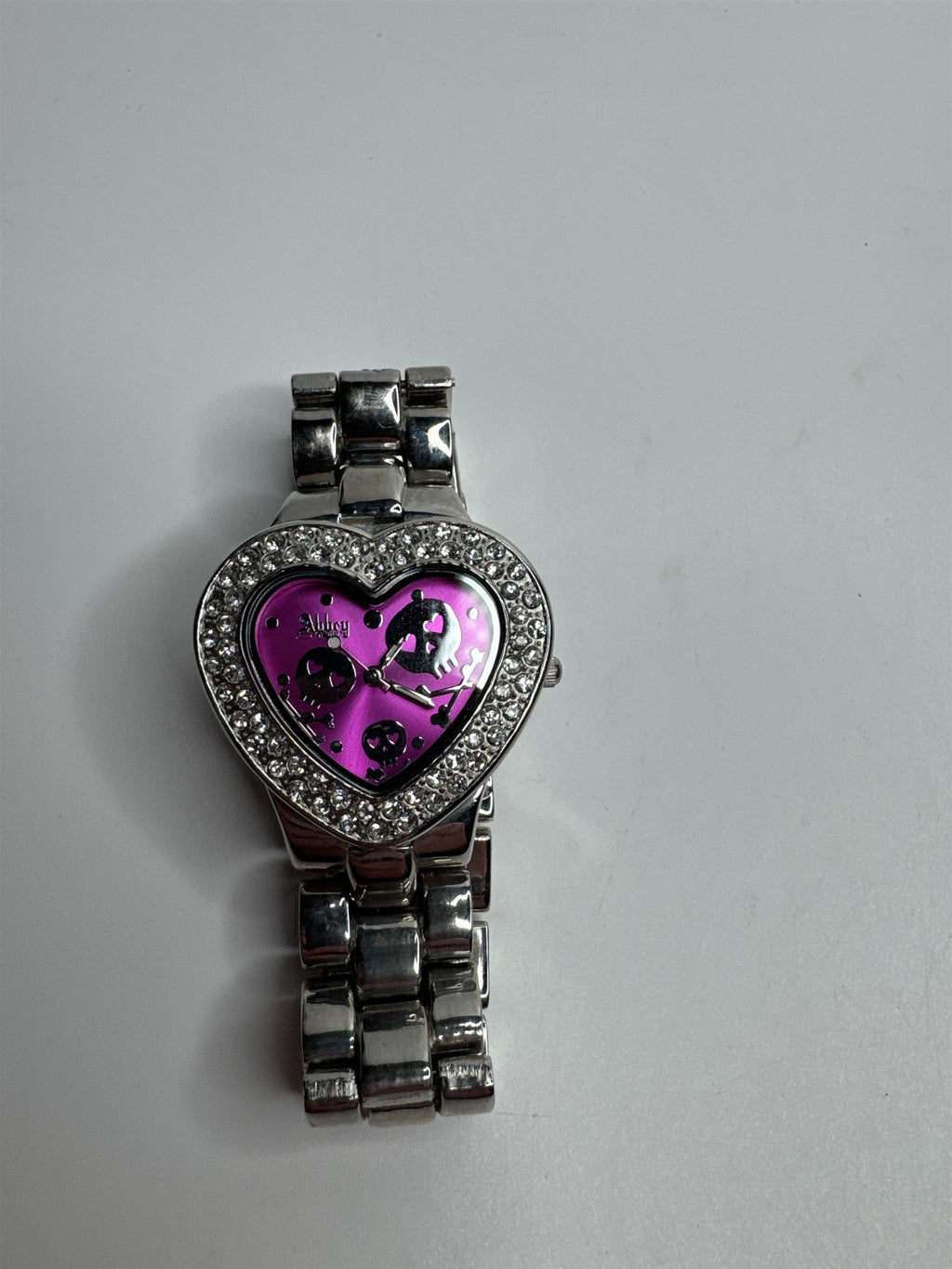 Abbey Stainless Steel Rhinestone and Pink Crossbones Heart Skulls Wristwatch