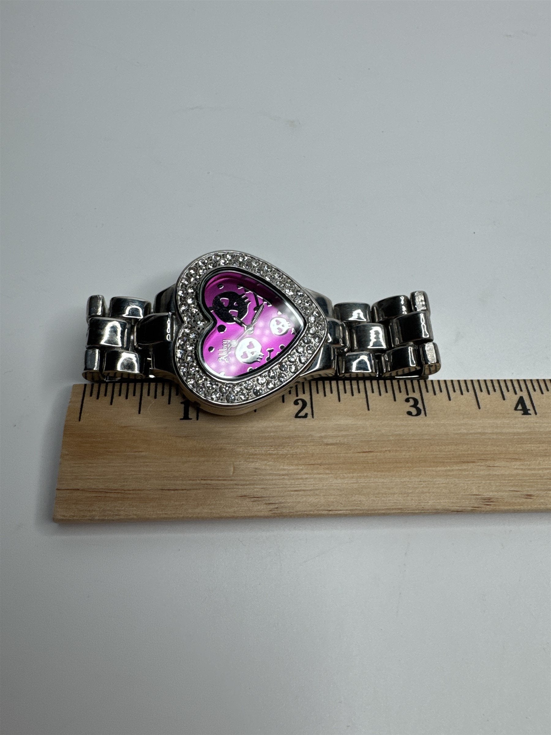 Abbey Stainless Steel Rhinestone and Pink Crossbones Heart Skulls Wristwatch