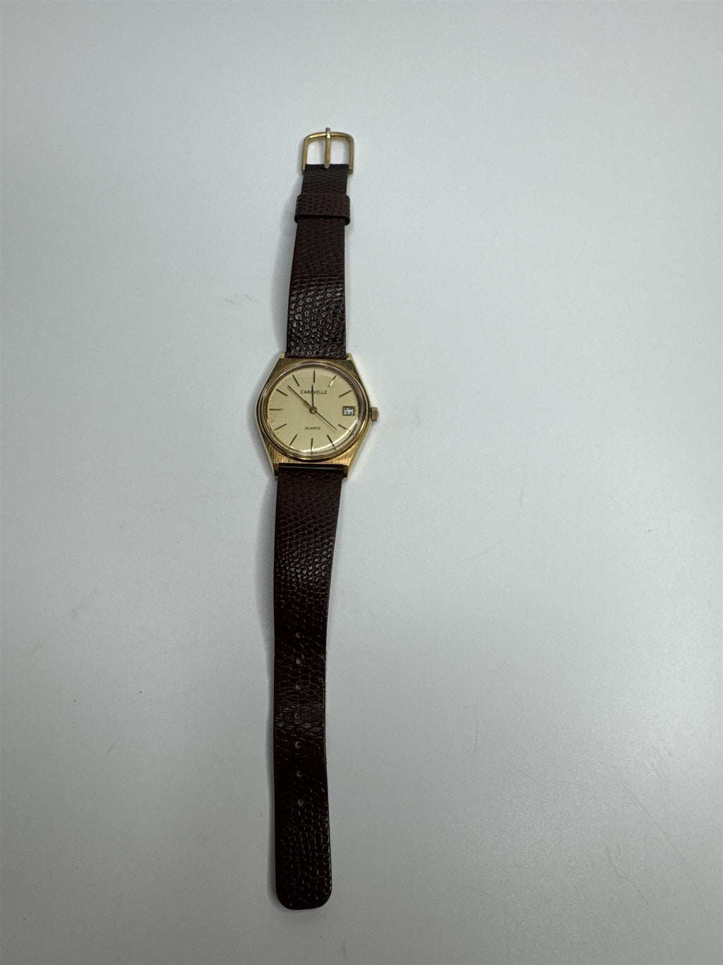 Caravelle by Bulova Quartz APWU-1987 Gold Toned Watch Brown Leather Band Vintage