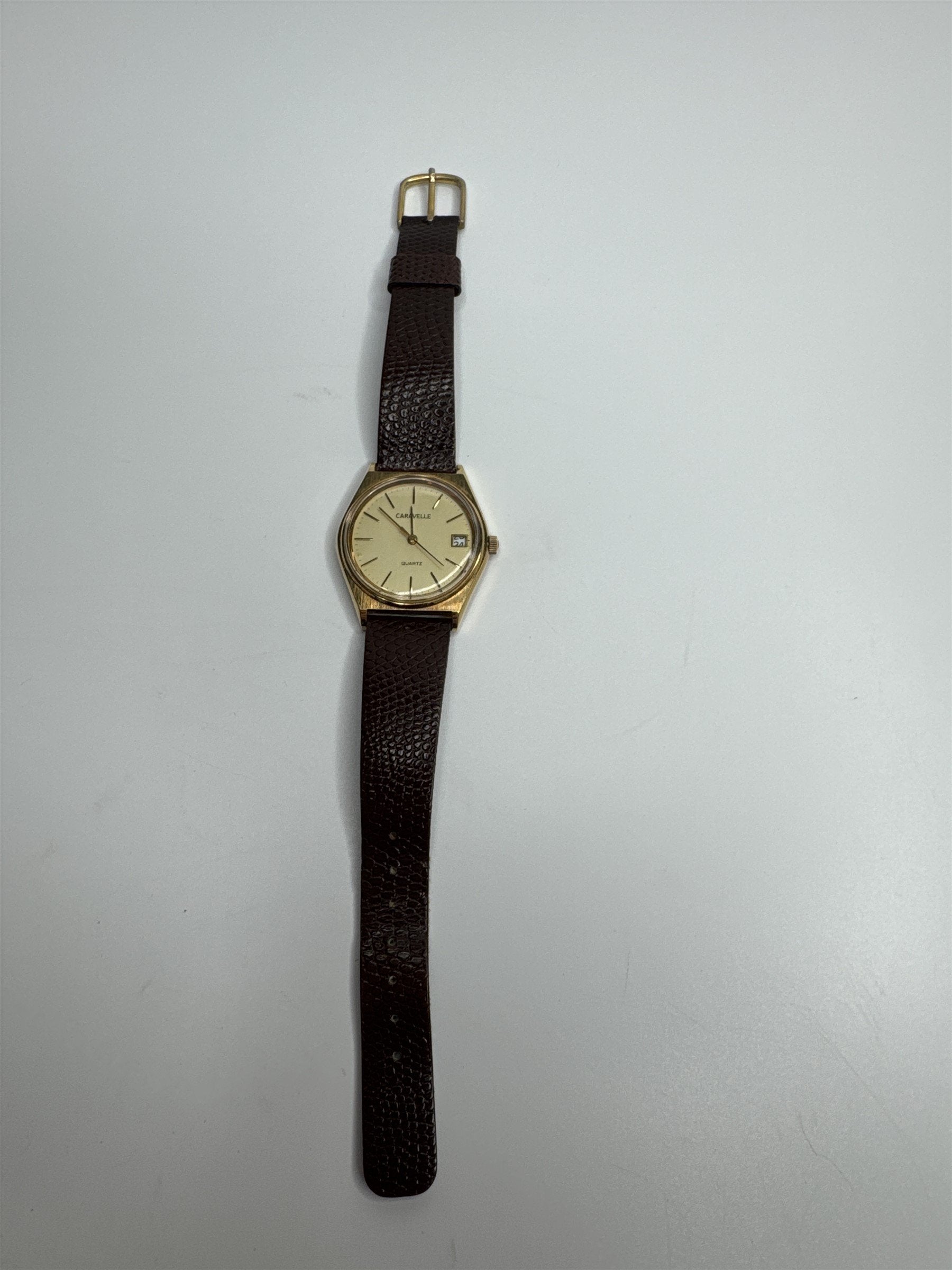 Caravelle by Bulova Quartz APWU-1987 Gold Toned Watch Brown Leather Band Vintage