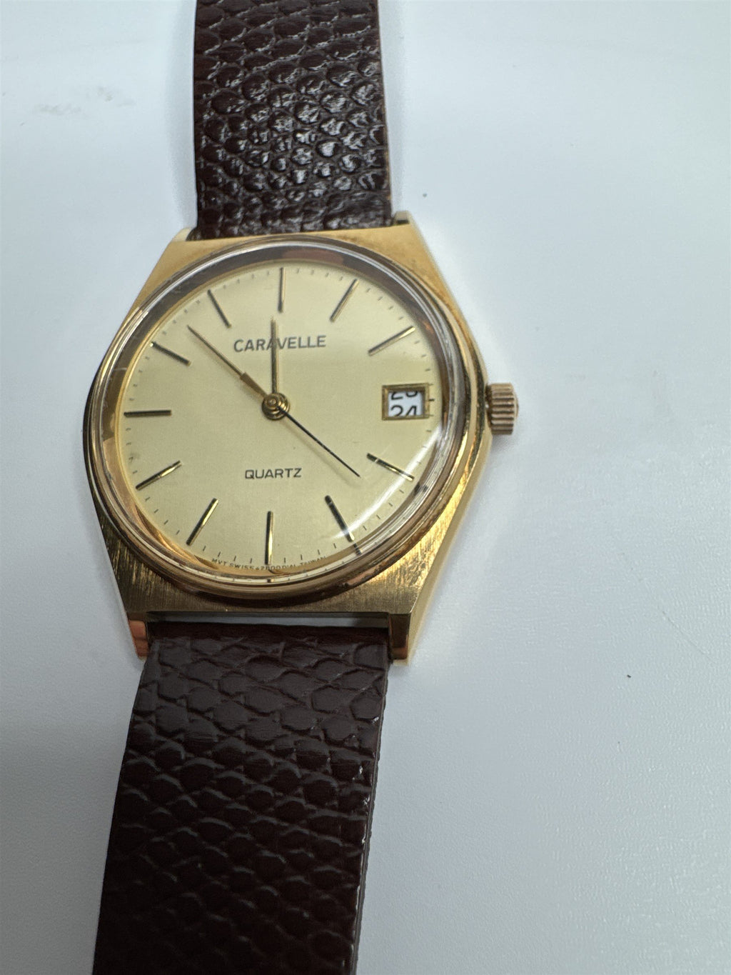 Caravelle by Bulova Quartz APWU-1987 Gold Toned Watch Brown Leather Band Vintage