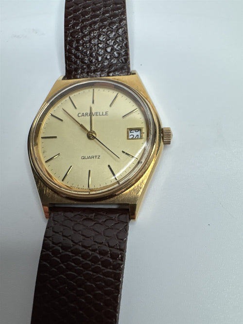 Caravelle by Bulova Quartz APWU-1987 Gold Toned Watch Brown Leather Band Vintage