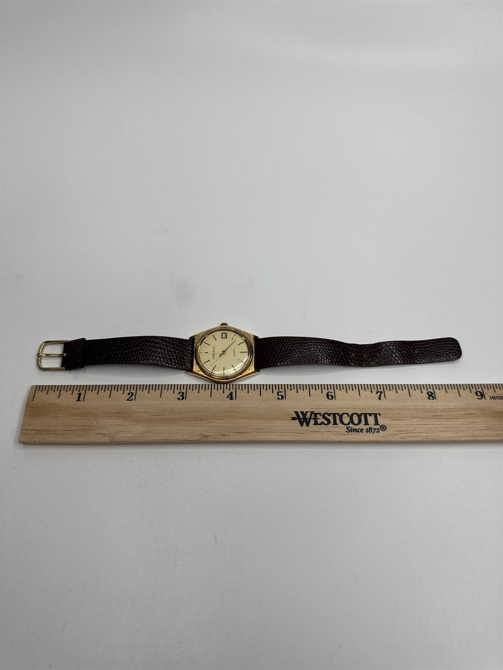 Caravelle by Bulova Quartz APWU-1987 Gold Toned Watch Brown Leather Band Vintage