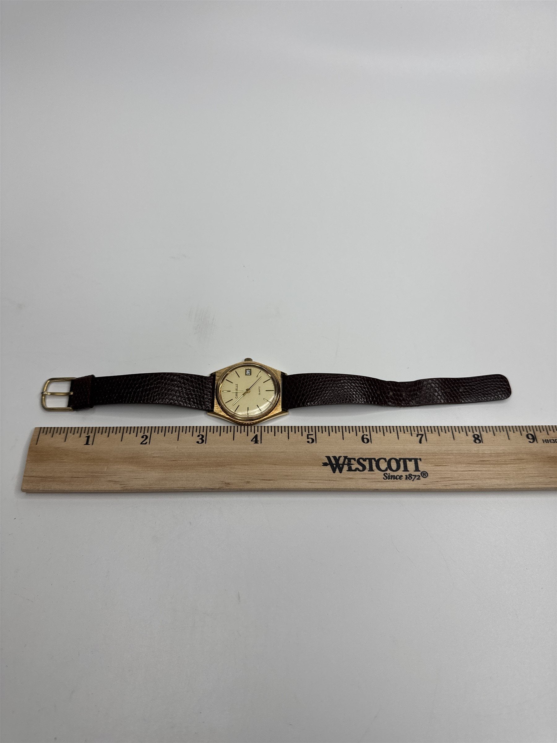 Caravelle by Bulova Quartz APWU-1987 Gold Toned Watch Brown Leather Band Vintage