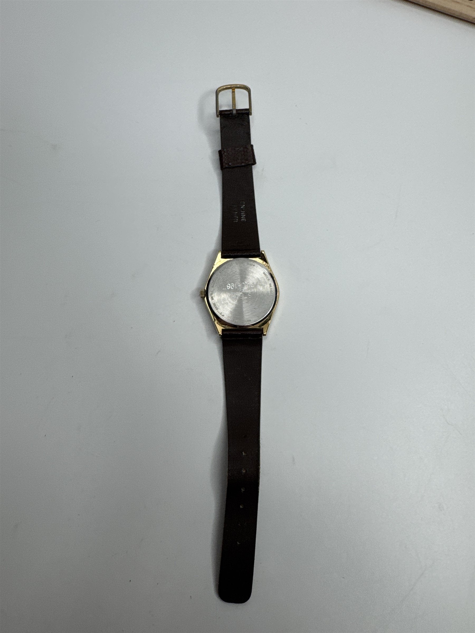 Caravelle by Bulova Quartz APWU-1987 Gold Toned Watch Brown Leather Band Vintage