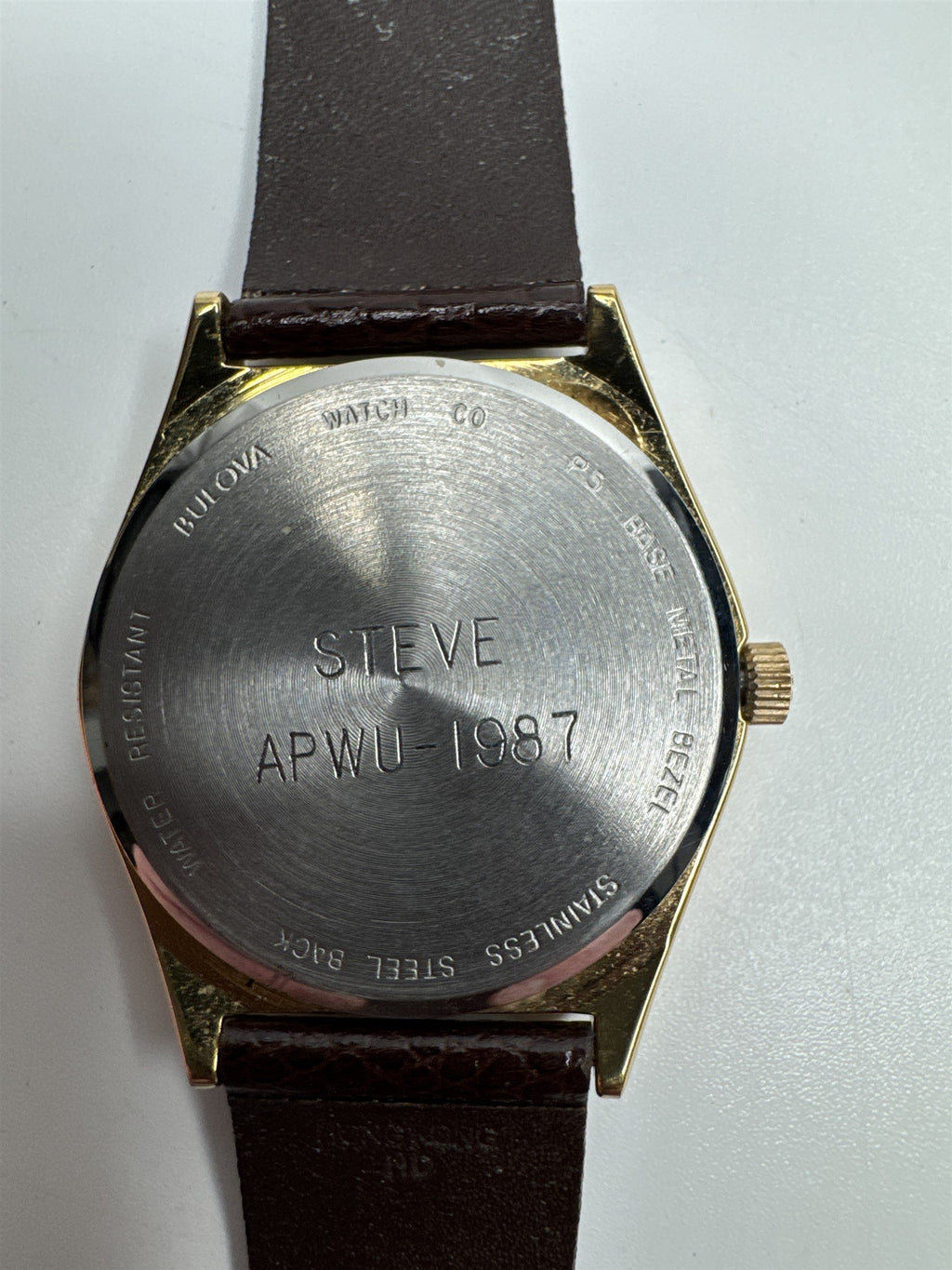 Caravelle by Bulova Quartz APWU-1987 Gold Toned Watch Brown Leather Band Vintage