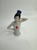Antique German Bisque Porcelain Half Doll Flapper Lady BLack Hair Pin Doll S033