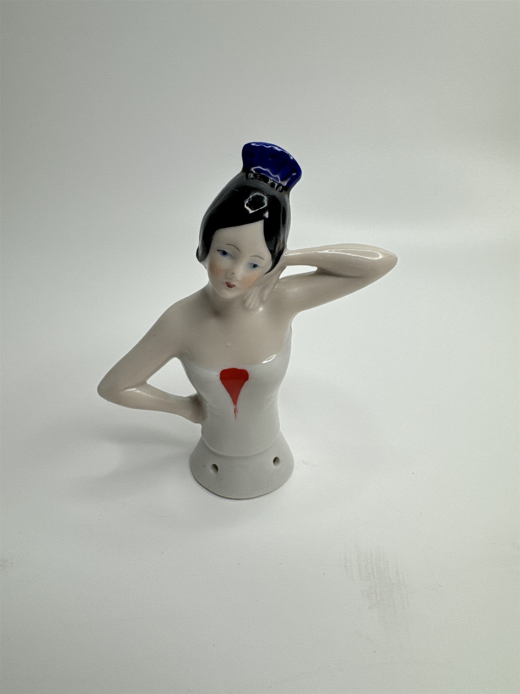 Antique German Bisque Porcelain Half Doll Flapper Lady BLack Hair Pin Doll S033