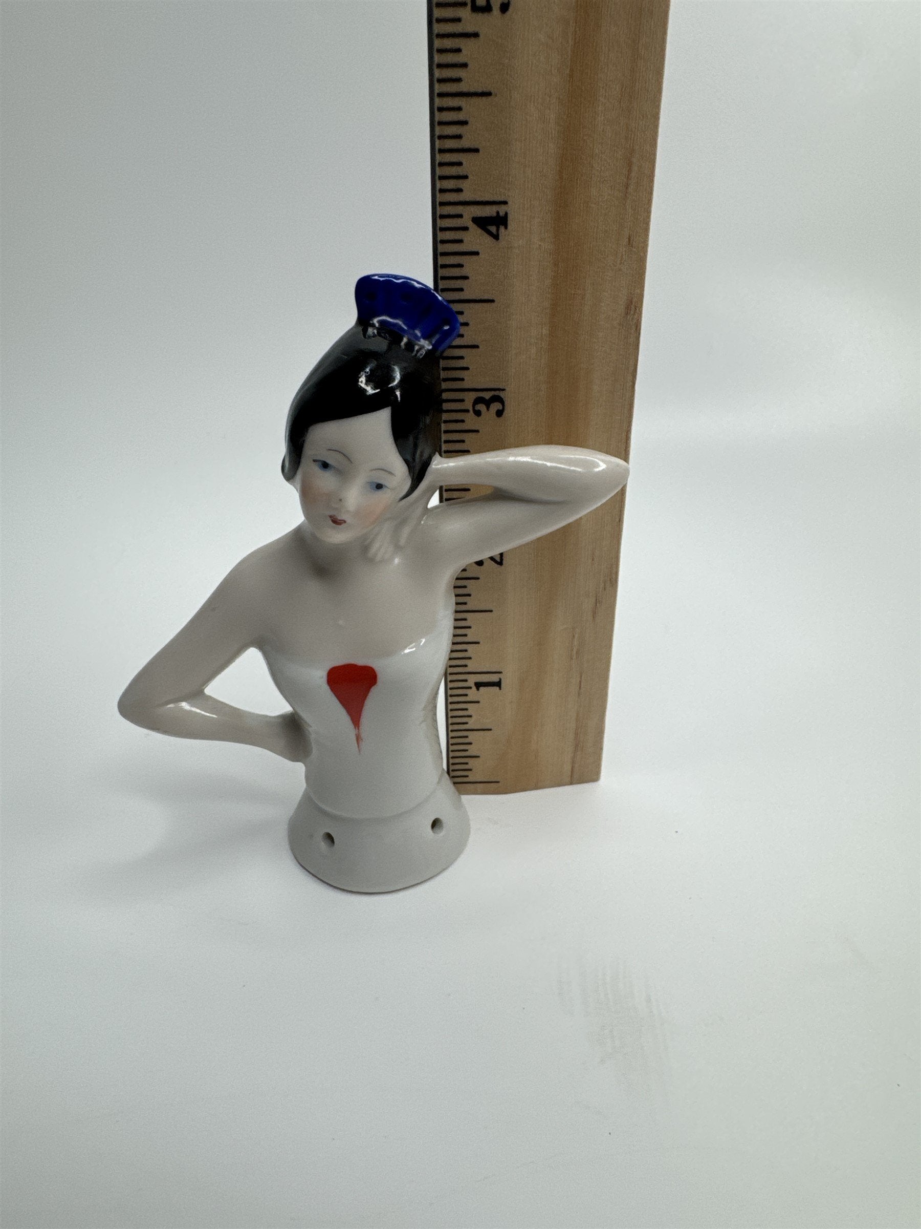 Antique German Bisque Porcelain Half Doll Flapper Lady BLack Hair Pin Doll S033