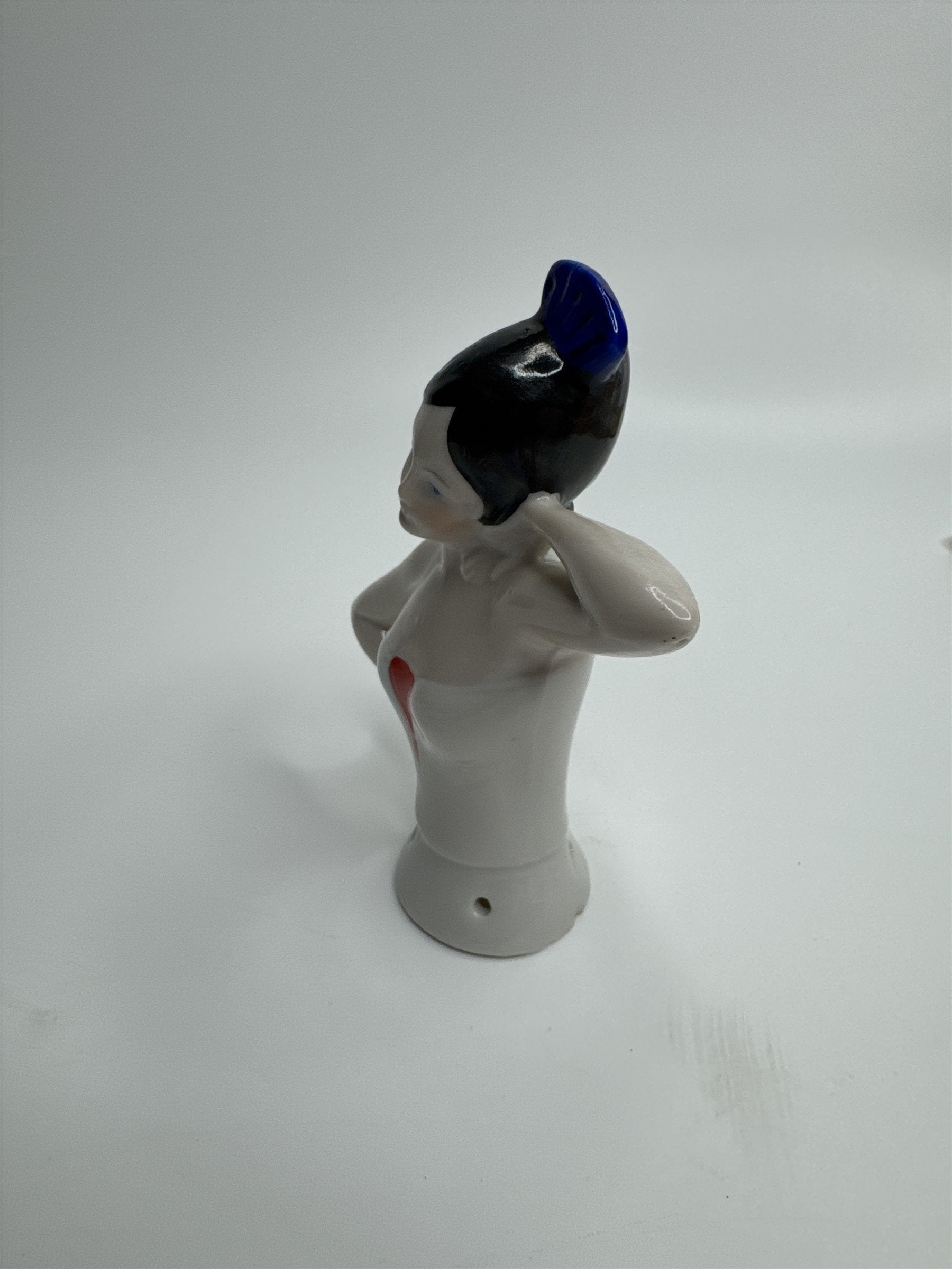 Antique German Bisque Porcelain Half Doll Flapper Lady BLack Hair Pin Doll S033