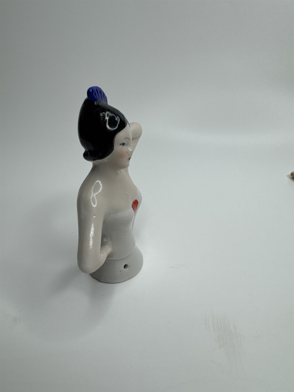 Antique German Bisque Porcelain Half Doll Flapper Lady BLack Hair Pin Doll S033