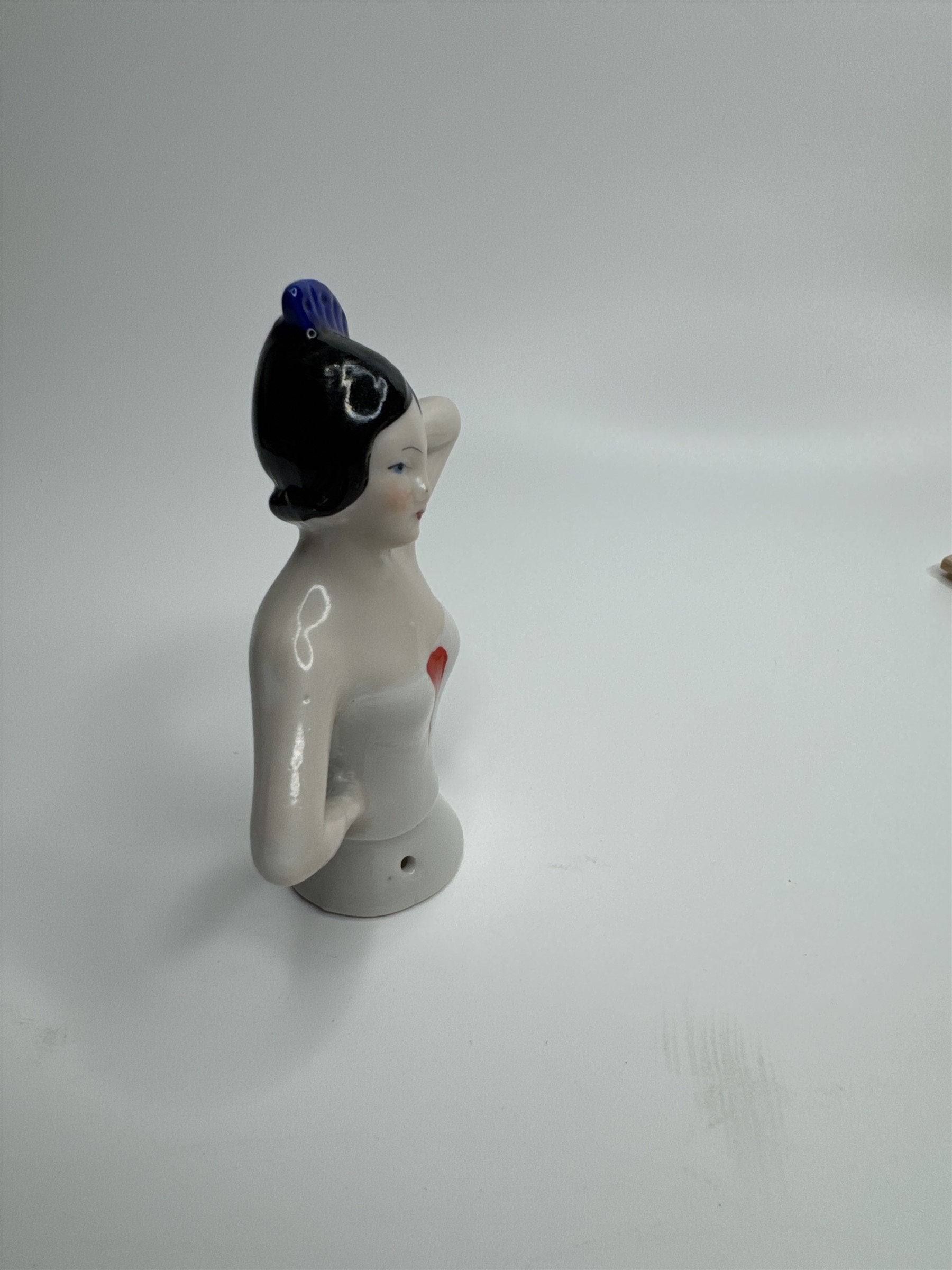 Antique German Bisque Porcelain Half Doll Flapper Lady BLack Hair Pin Doll S033