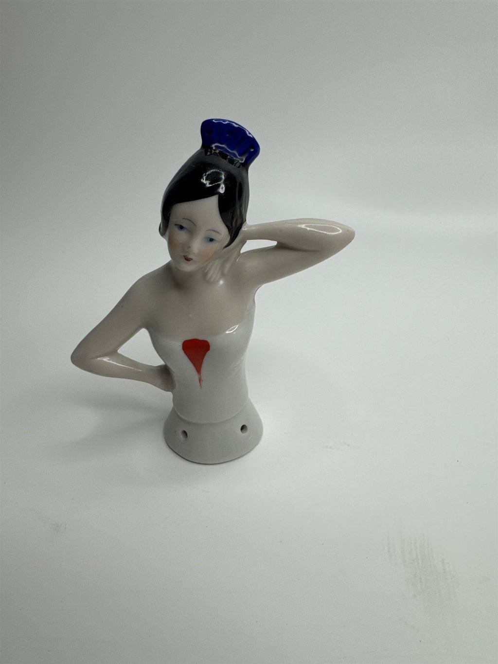 Antique German Bisque Porcelain Half Doll Flapper Lady BLack Hair Pin Doll S033