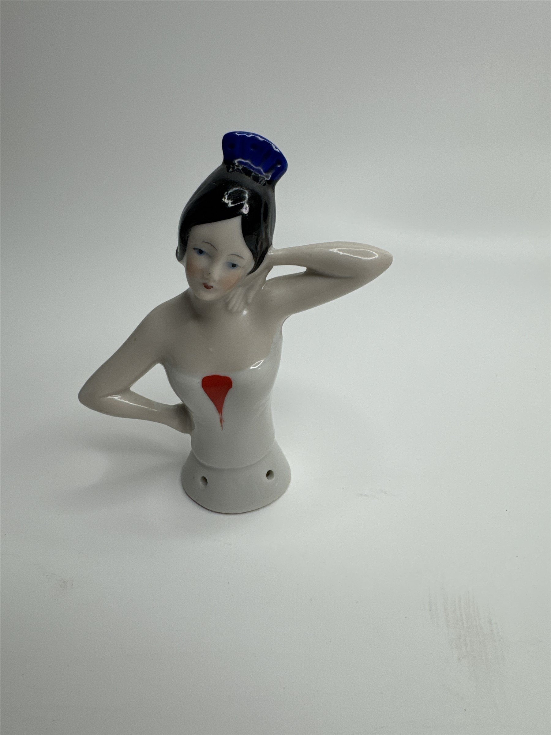 Antique German Bisque Porcelain Half Doll Flapper Lady BLack Hair Pin Doll S033