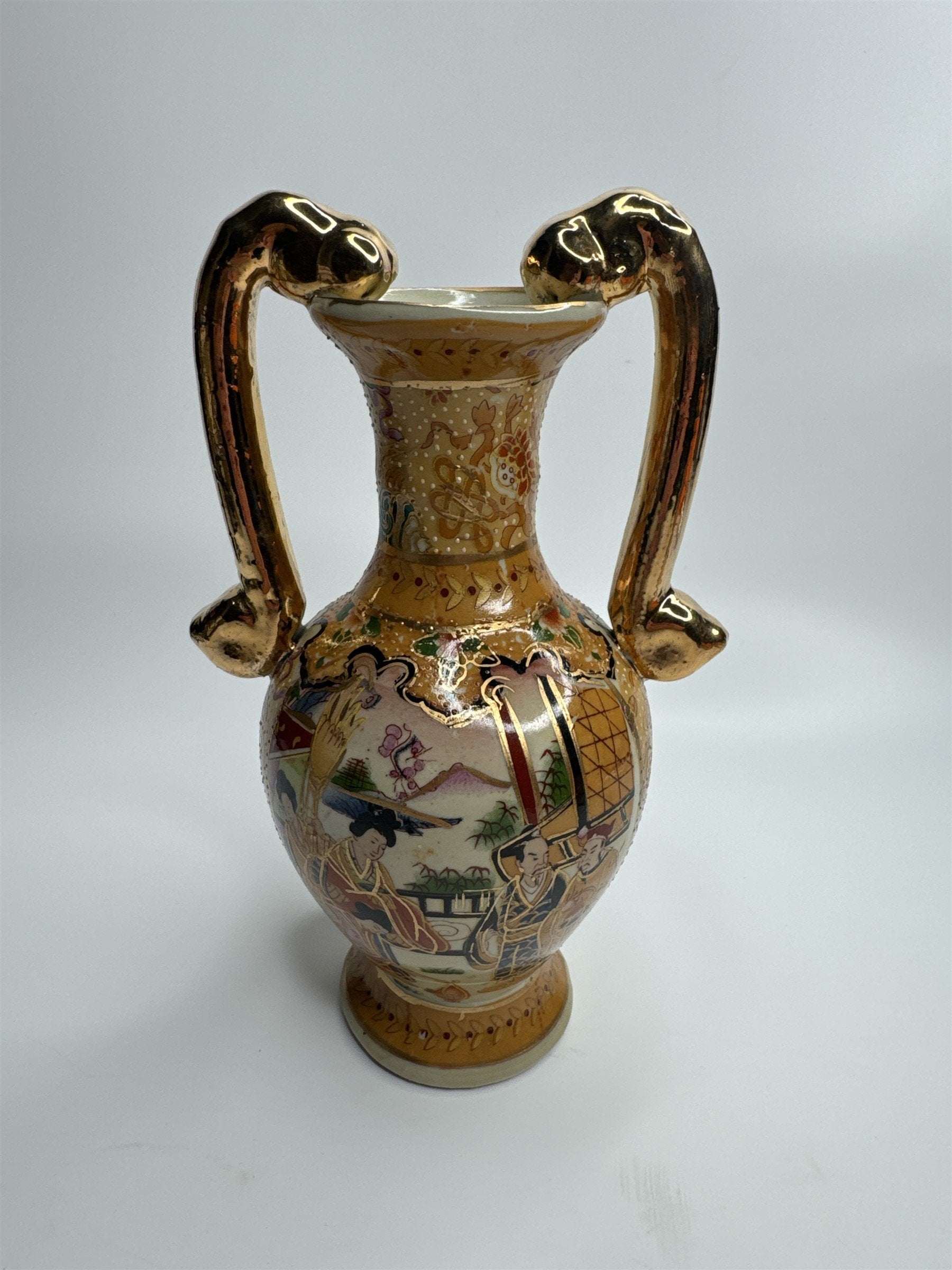 Antique China Handled Flower Vase Gold Ornate Village Landscape Scene Decor