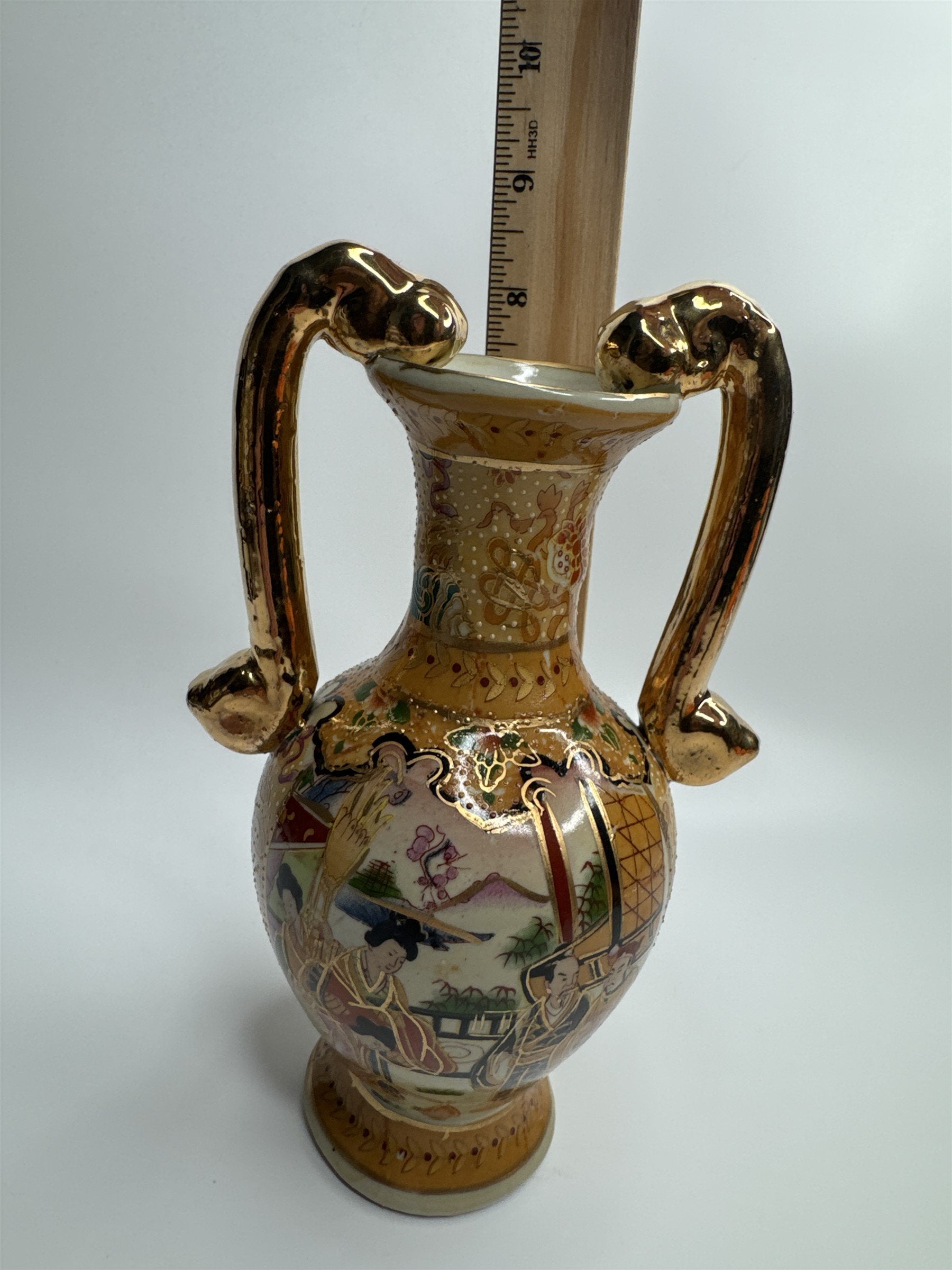 Antique China Handled Flower Vase Gold Ornate Village Landscape Scene Decor