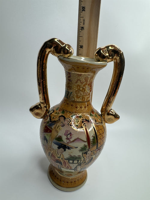 Antique China Handled Flower Vase Gold Ornate Village Landscape Scene Decor