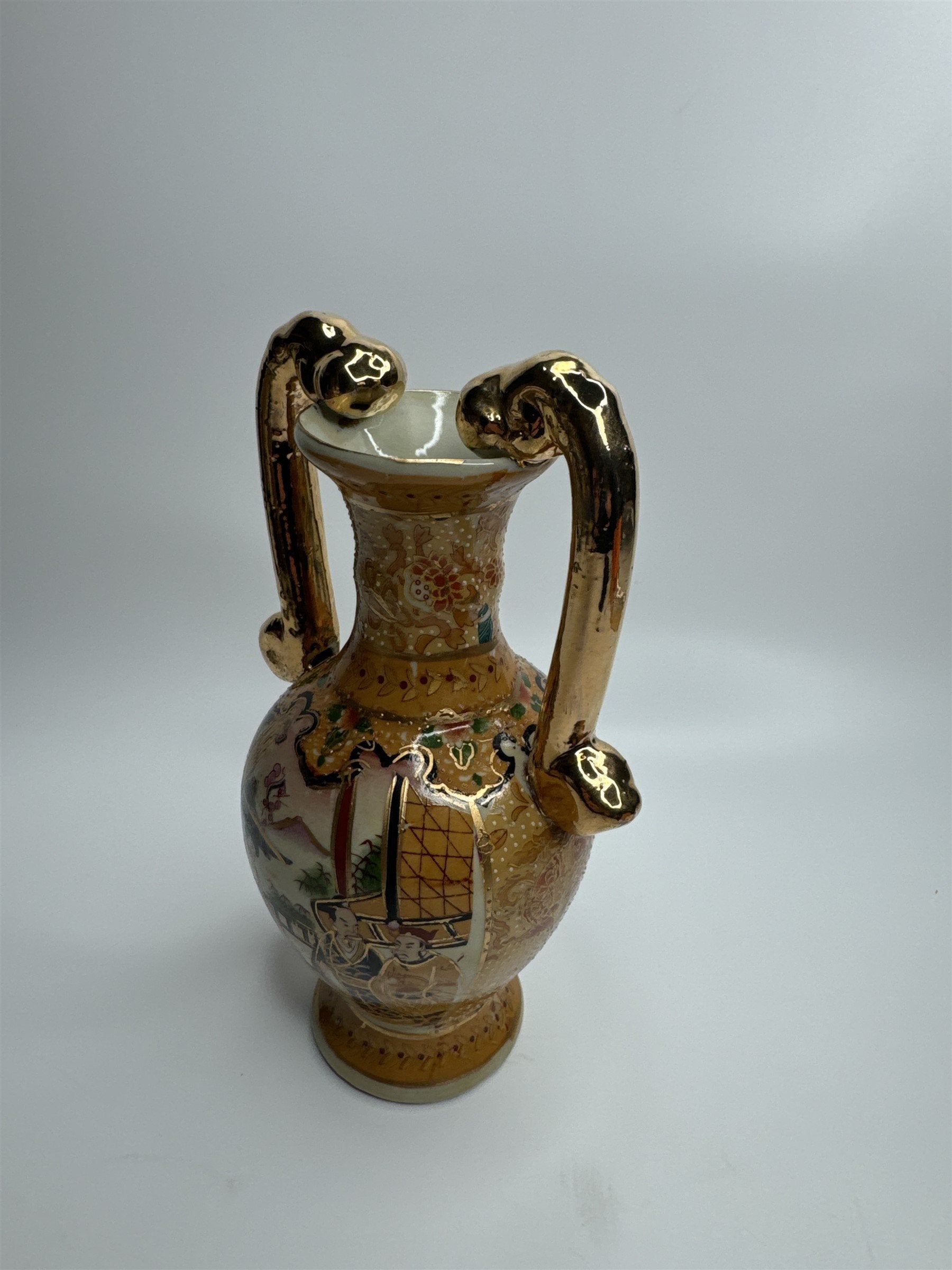 Antique China Handled Flower Vase Gold Ornate Village Landscape Scene Decor