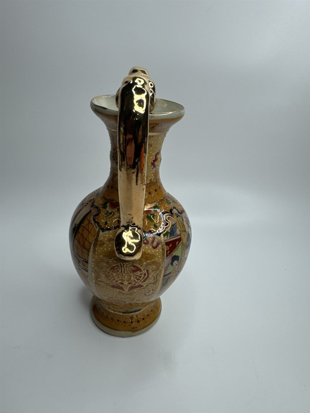 Antique China Handled Flower Vase Gold Ornate Village Landscape Scene Decor