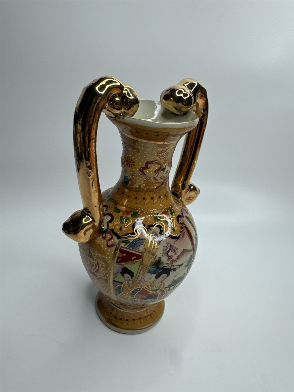 Antique China Handled Flower Vase Gold Ornate Village Landscape Scene Decor