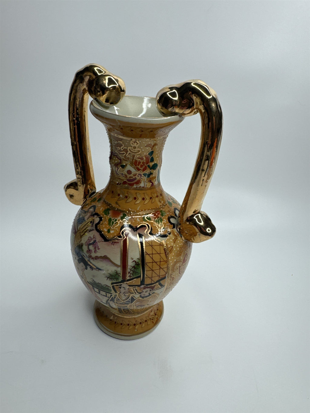 Antique China Handled Flower Vase Gold Ornate Village Landscape Scene Decor