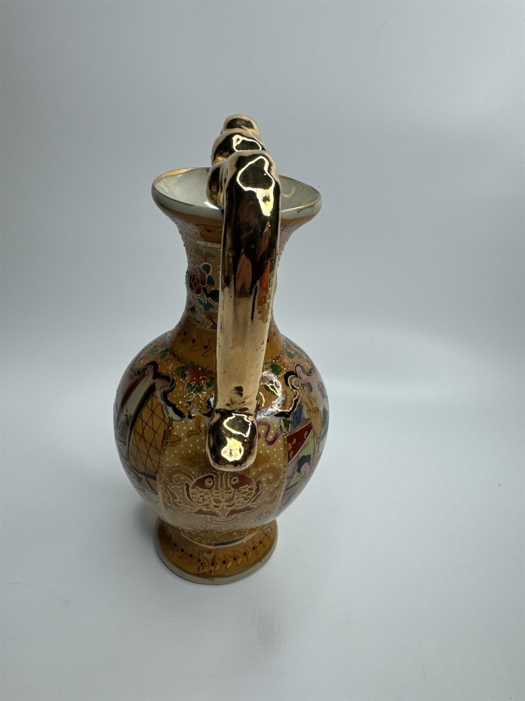 Antique China Handled Flower Vase Gold Ornate Village Landscape Scene Decor