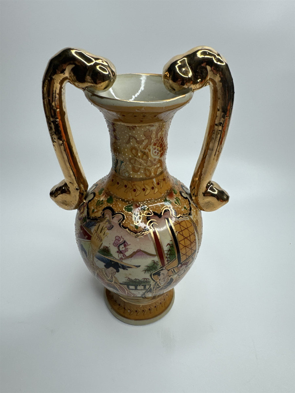 Antique China Handled Flower Vase Gold Ornate Village Landscape Scene Decor