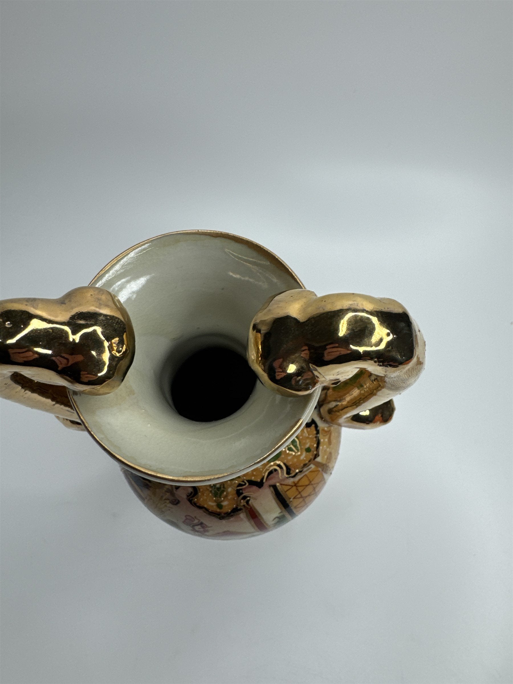 Antique China Handled Flower Vase Gold Ornate Village Landscape Scene Decor