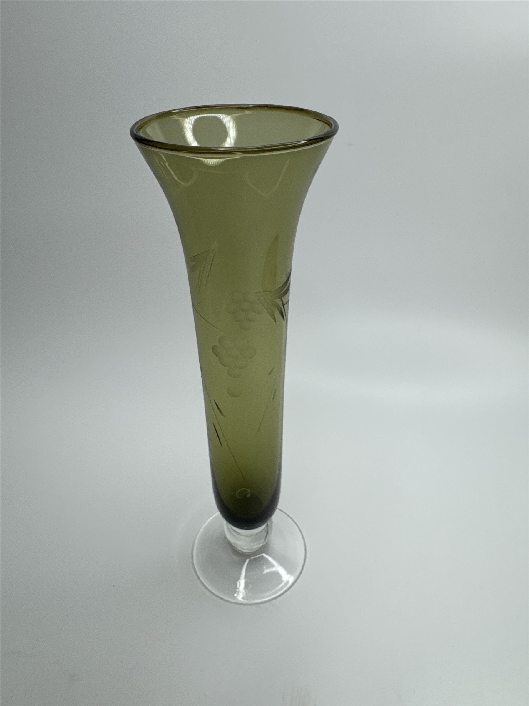 Vintage Olive Green Colored Fluted Table Bud Vase Etched Vine and Grapes Pattern