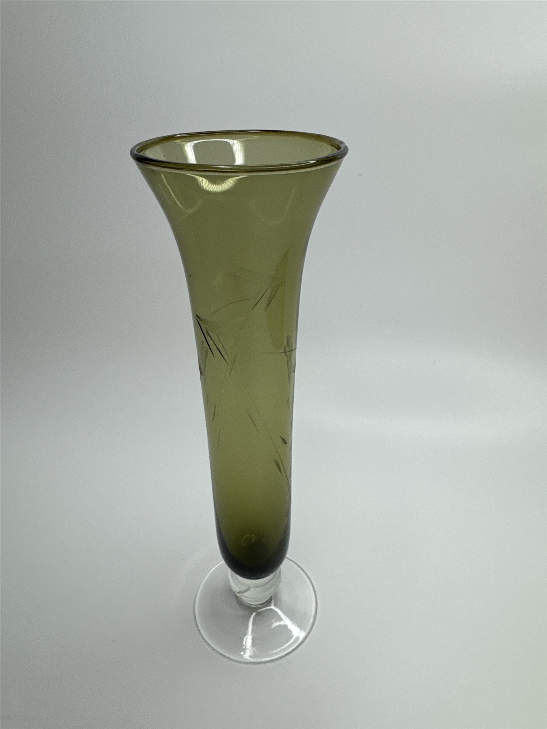 Vintage Olive Green Colored Fluted Table Bud Vase Etched Vine and Grapes Pattern