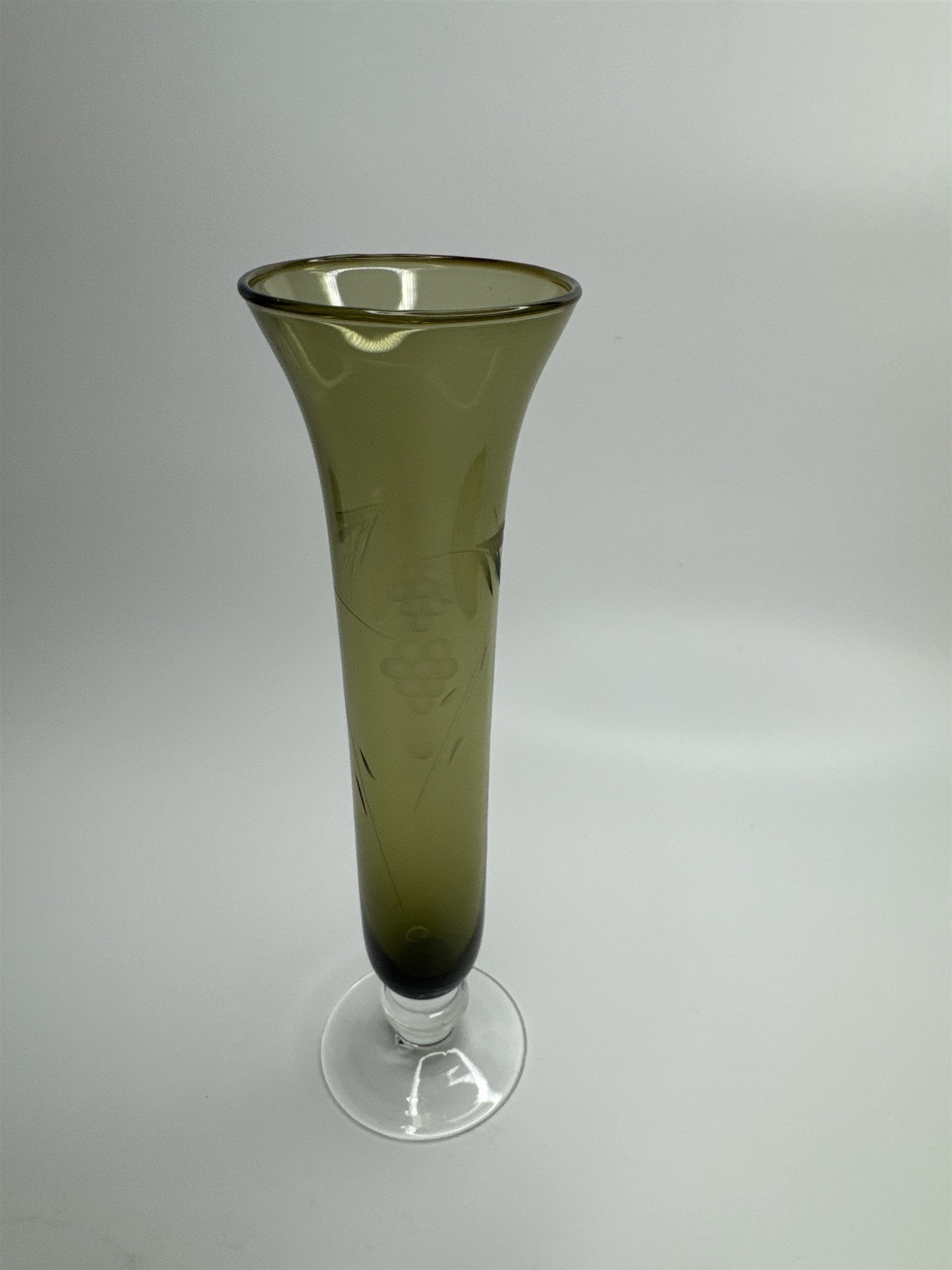 Vintage Olive Green Colored Fluted Table Bud Vase Etched Vine and Grapes Pattern