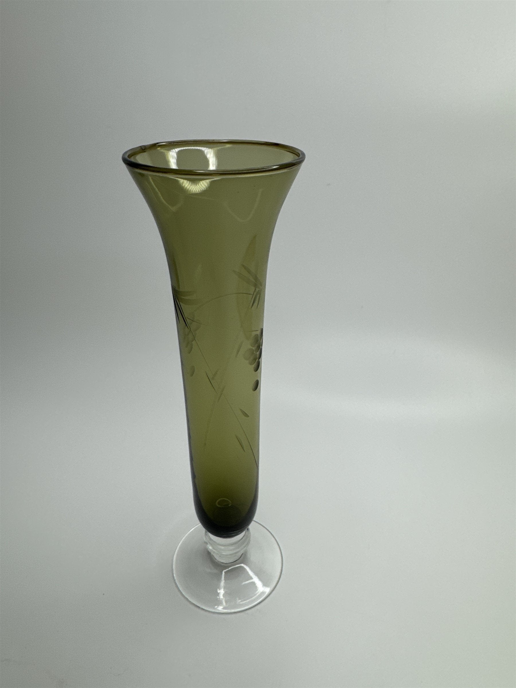 Vintage Olive Green Colored Fluted Table Bud Vase Etched Vine and Grapes Pattern