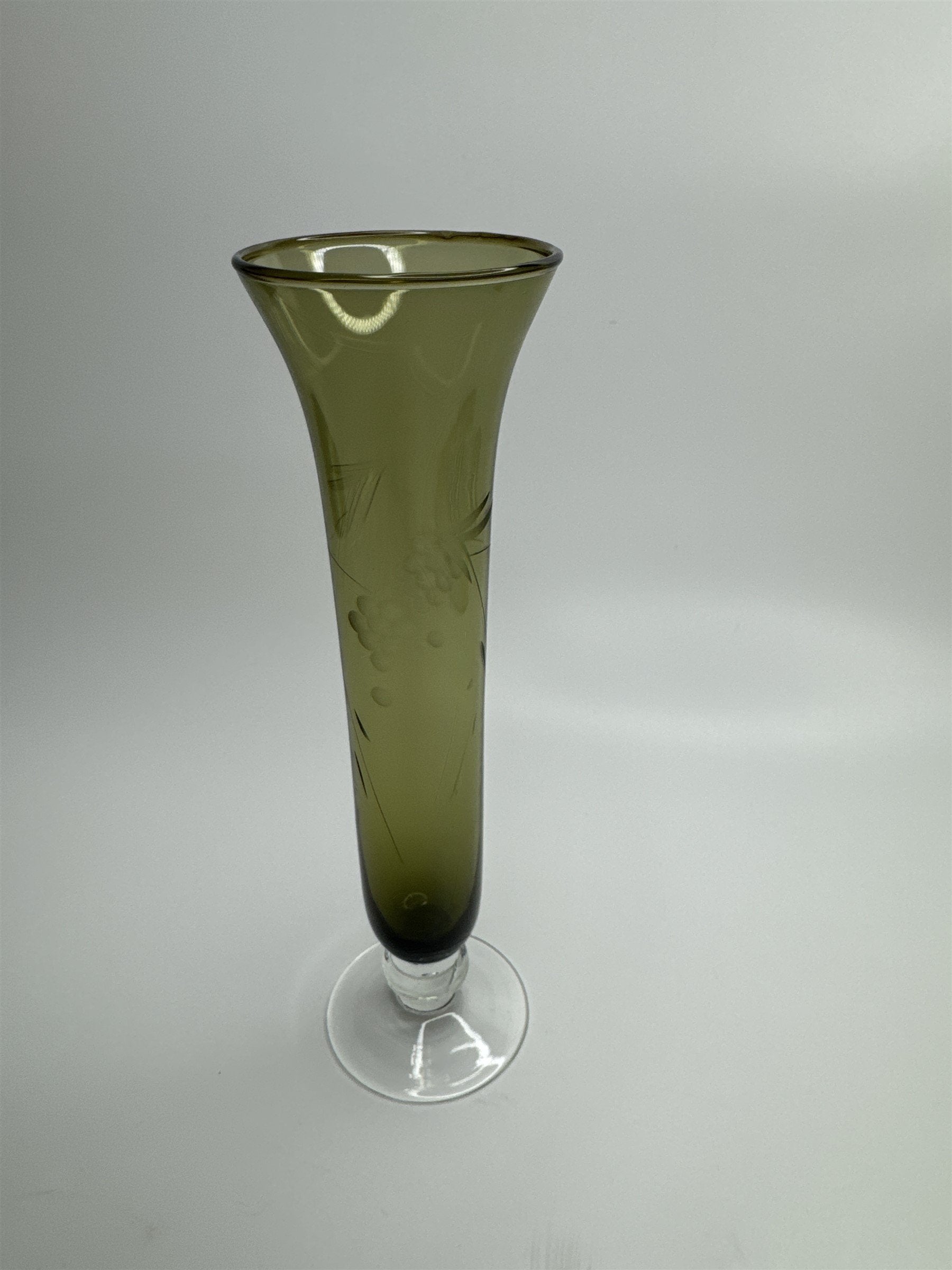 Vintage Olive Green Colored Fluted Table Bud Vase Etched Vine and Grapes Pattern