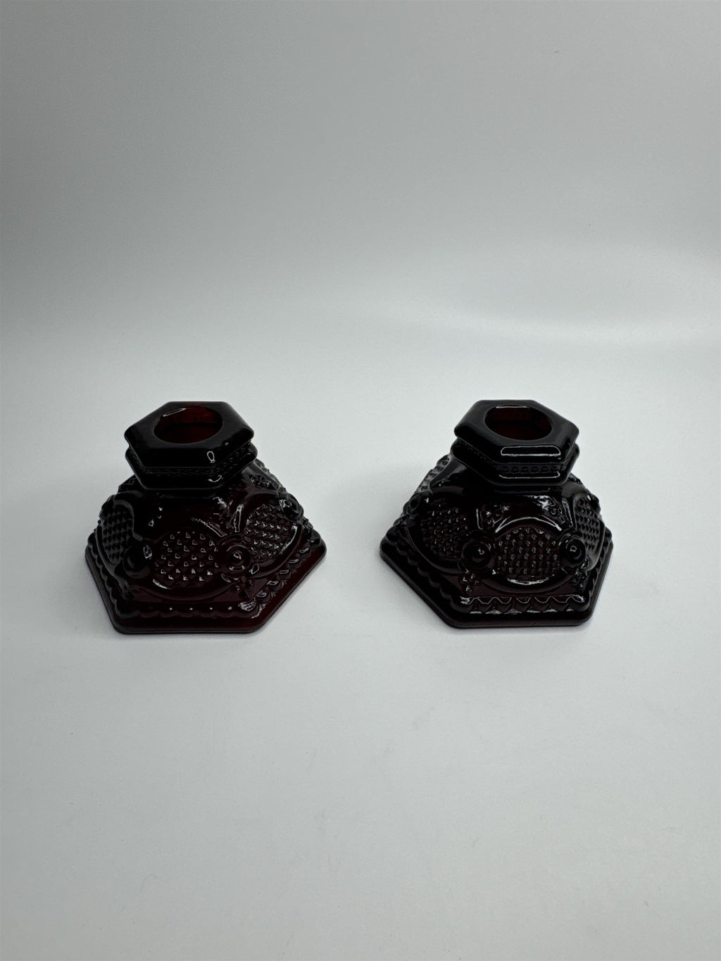 Vintage Avon Cape Cod Collection Ruby Red Glass Candle Holder Set of 2