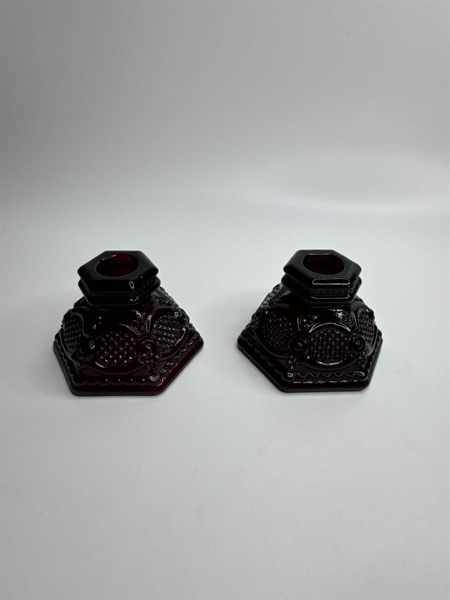 Vintage Avon Cape Cod Collection Ruby Red Glass Candle Holder Set of 2