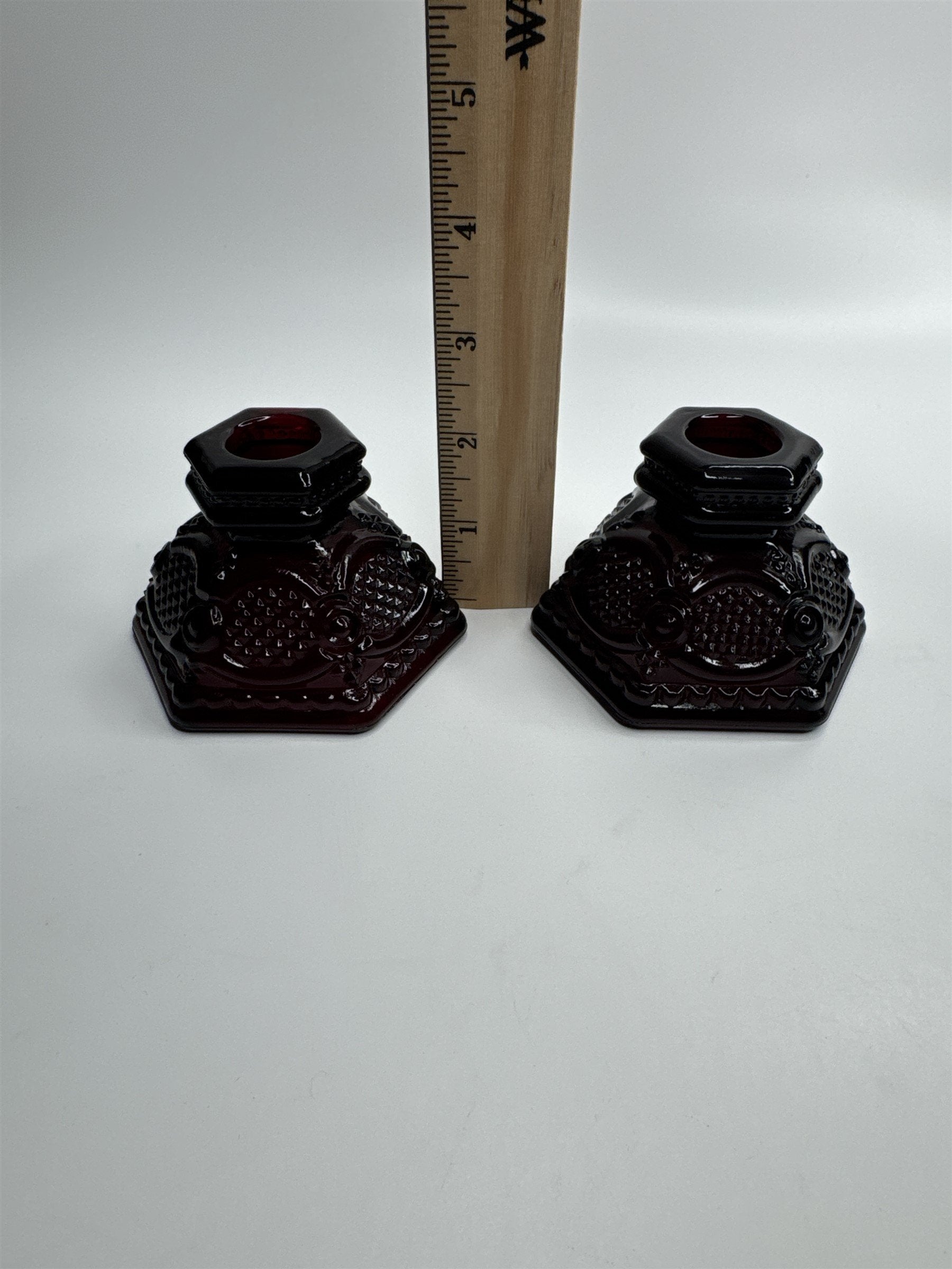Vintage Avon Cape Cod Collection Ruby Red Glass Candle Holder Set of 2