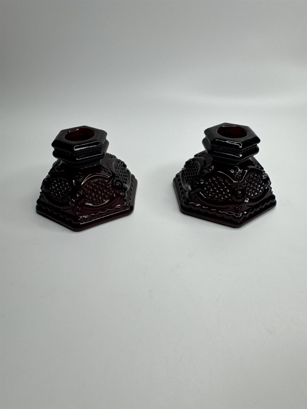 Vintage Avon Cape Cod Collection Ruby Red Glass Candle Holder Set of 2