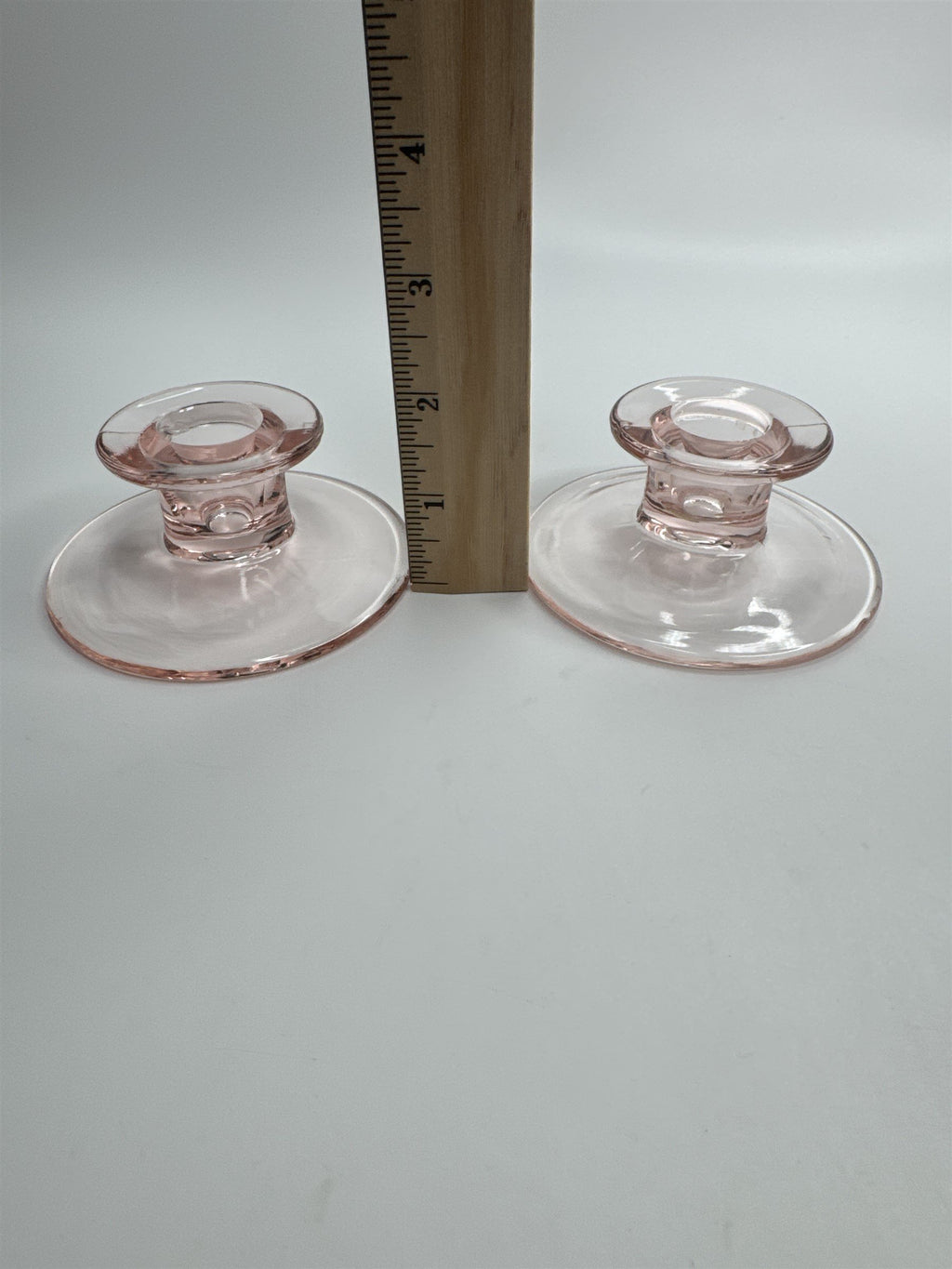 Vintage Depression Glass Pink Taper Candlestick Holders Clear Set of 2