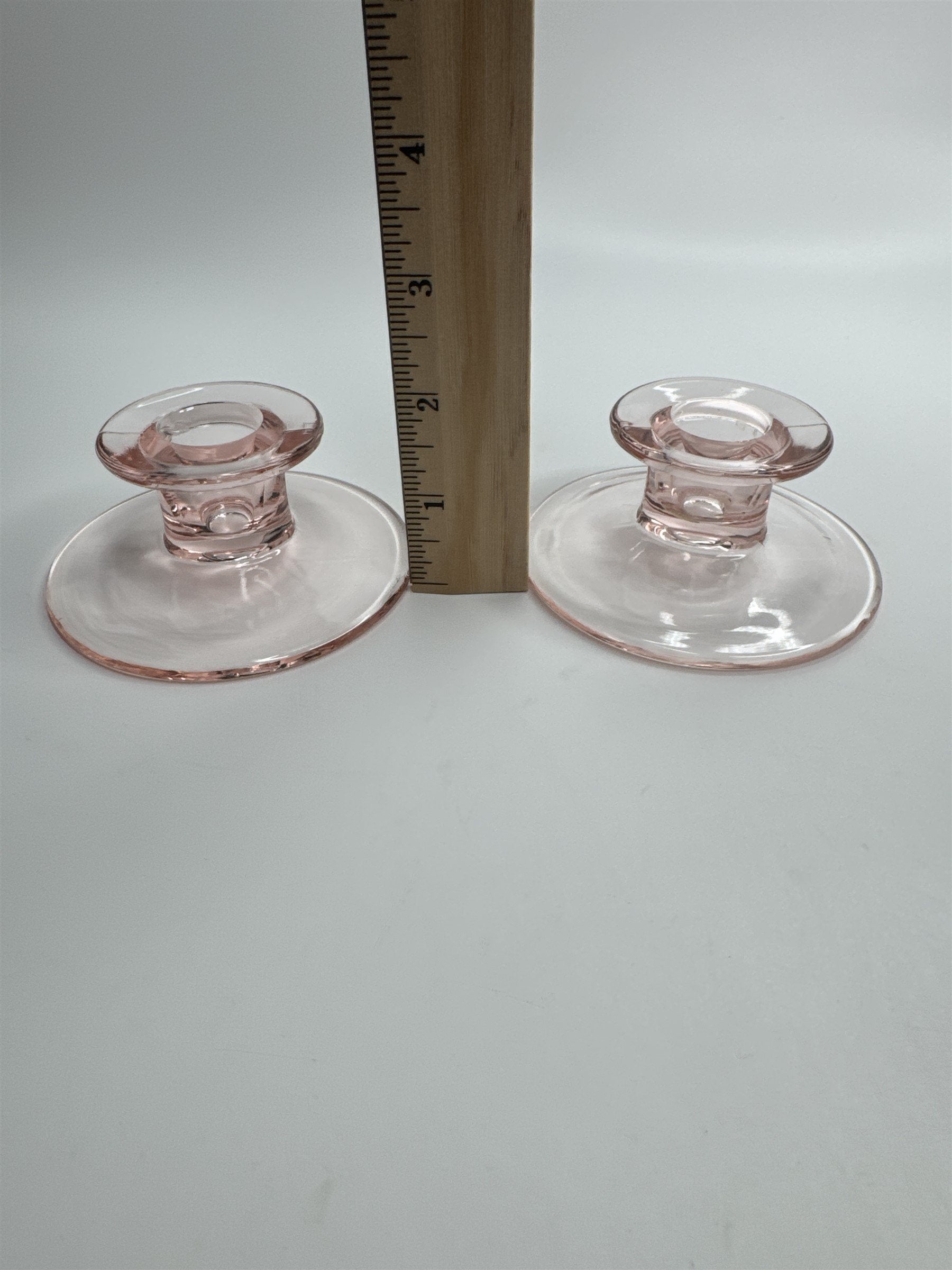 Vintage Depression Glass Pink Taper Candlestick Holders Clear Set of 2