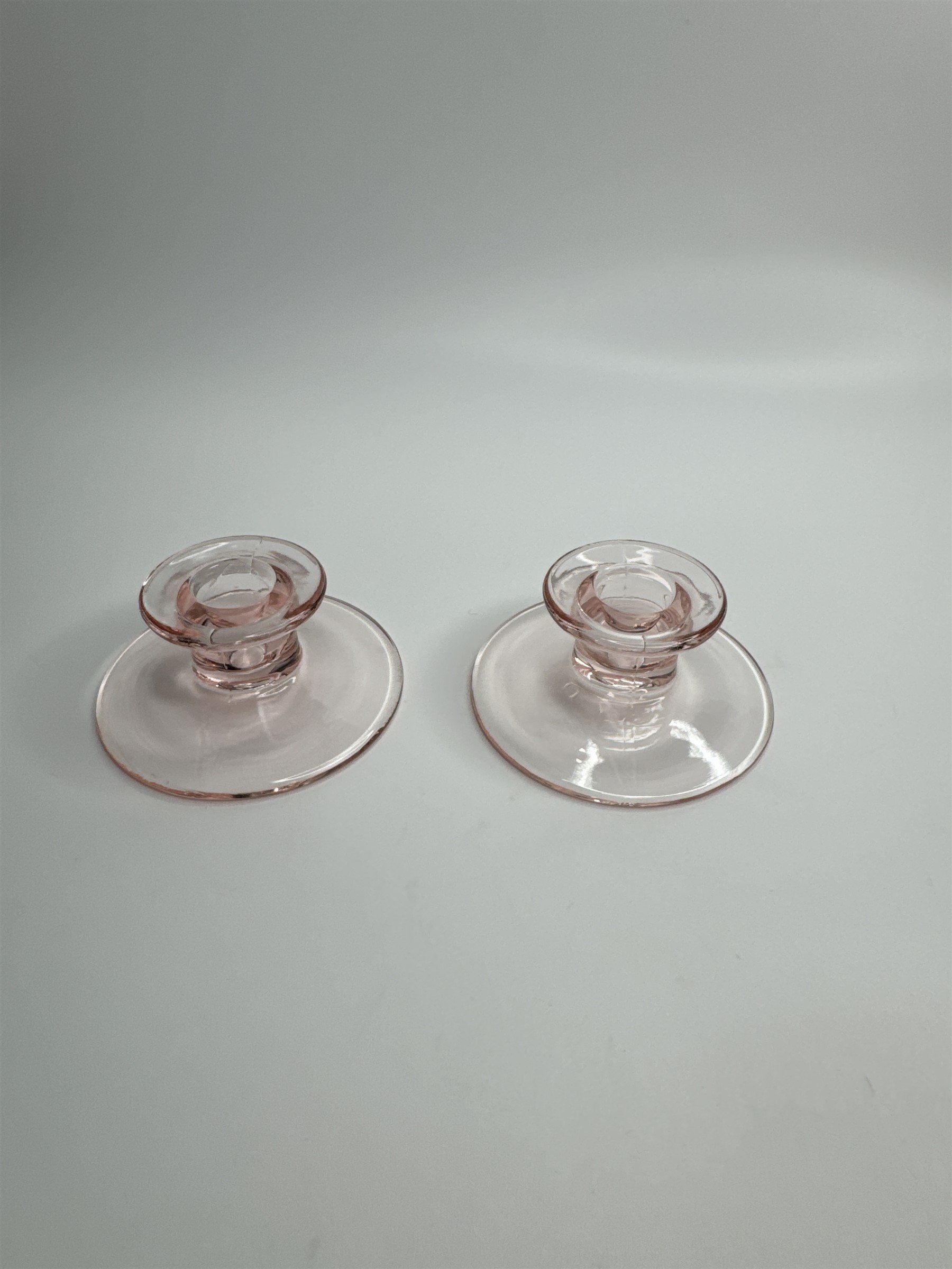 Vintage Depression Glass Pink Taper Candlestick Holders Clear Set of 2