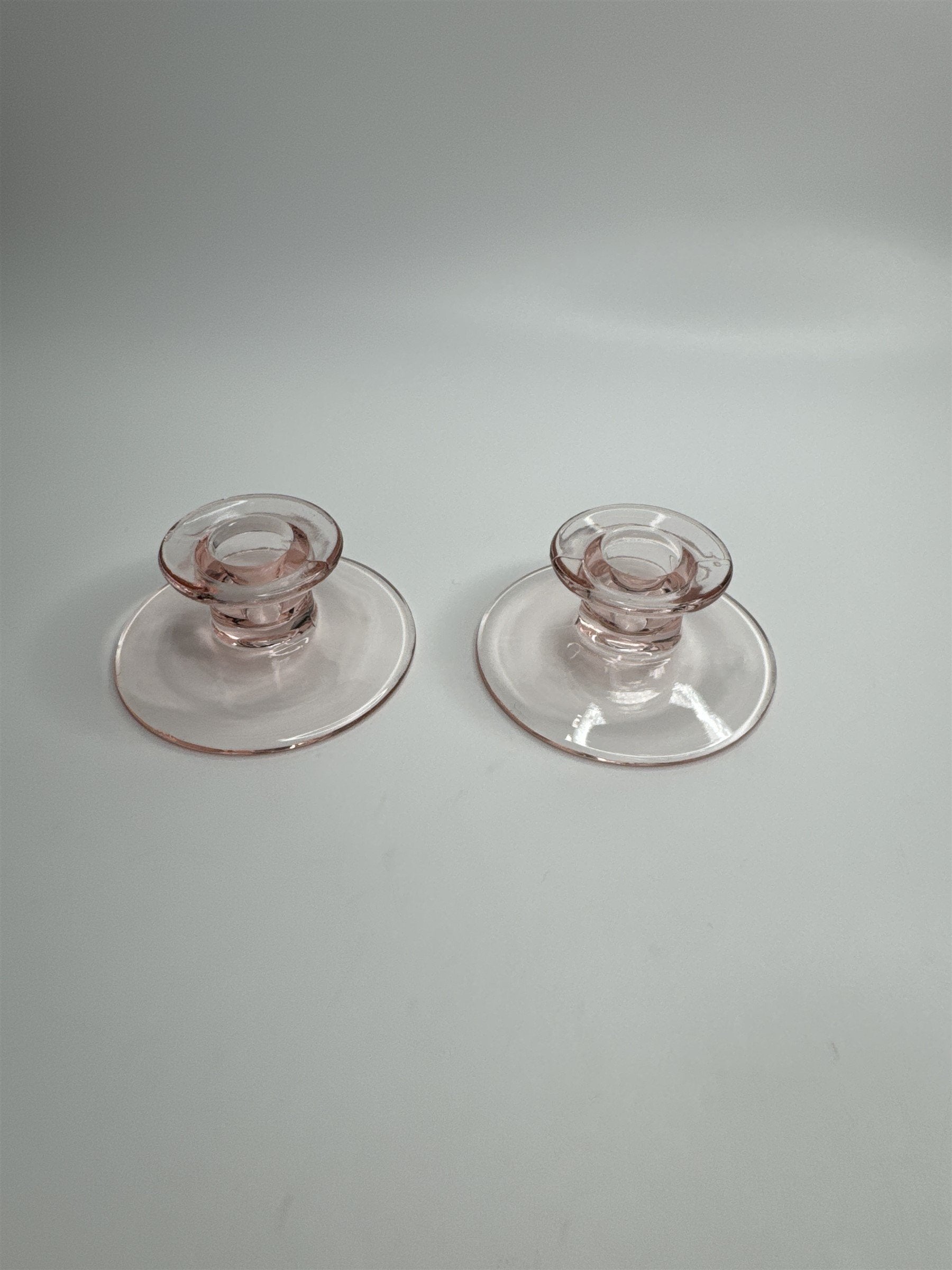Vintage Depression Glass Pink Taper Candlestick Holders Clear Set of 2