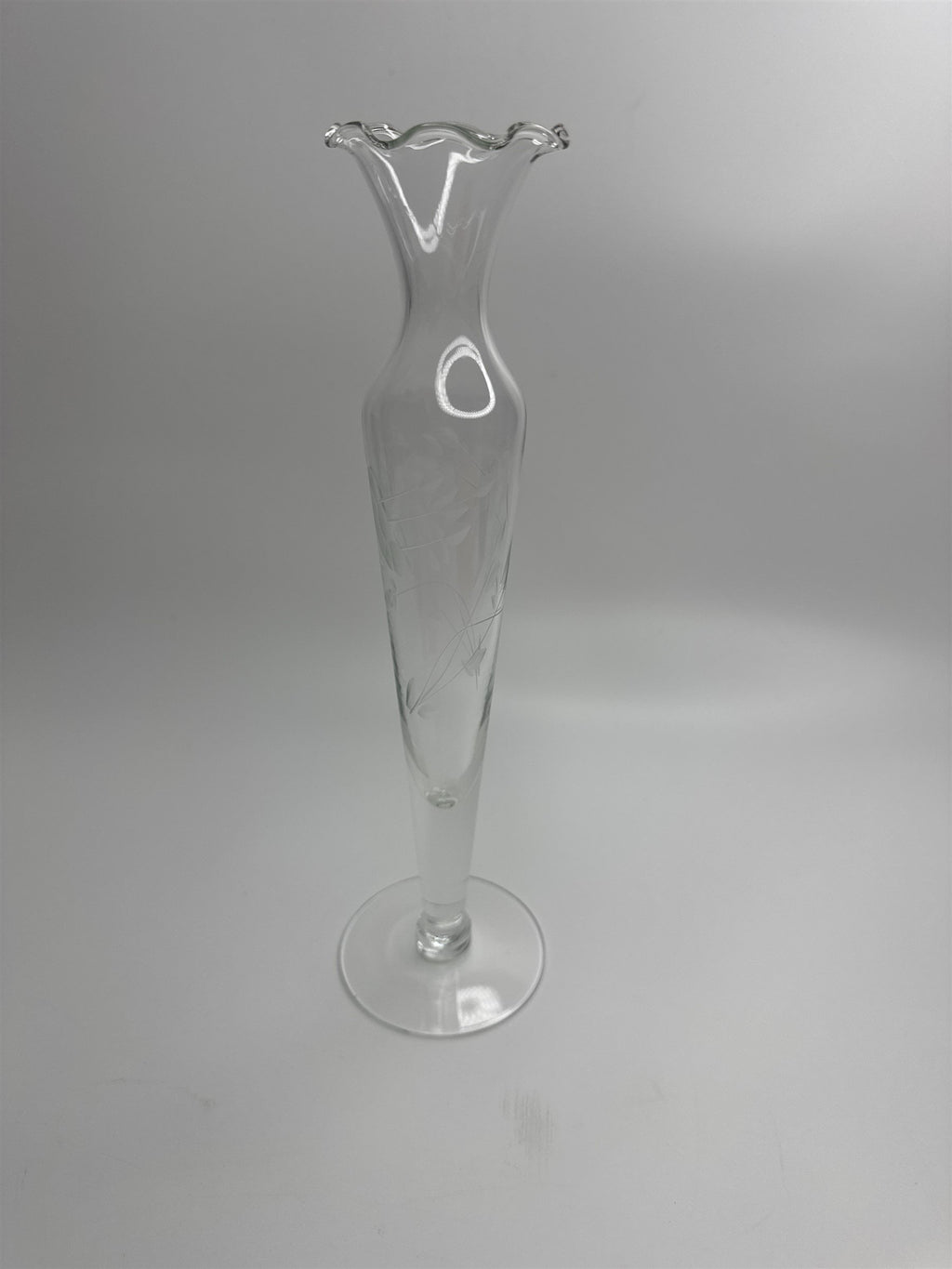 Clear Glass Etched Floral Pattern Footed Glass Bud Vase 10" Tall