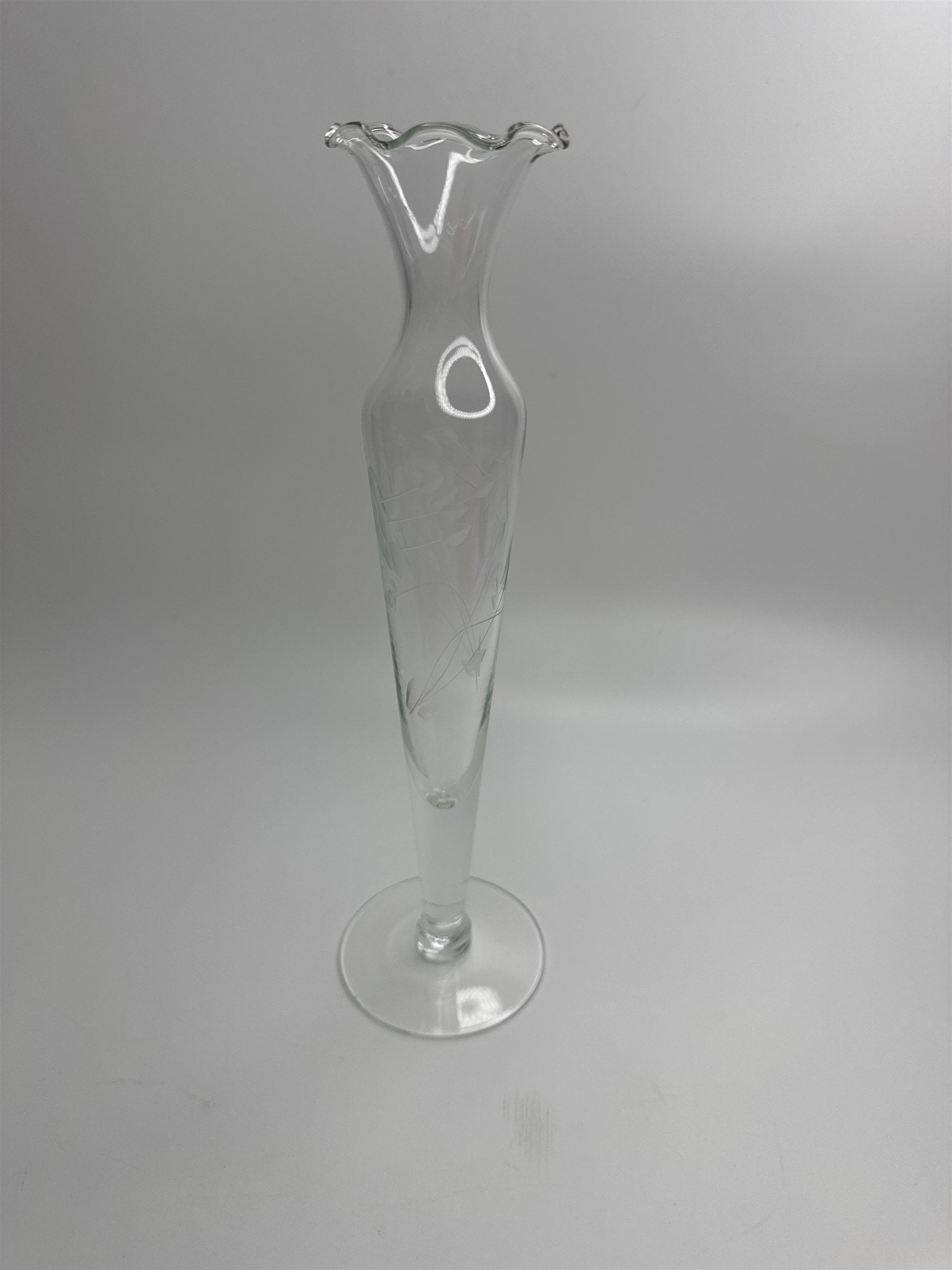 Clear Glass Etched Floral Pattern Footed Glass Bud Vase 10" Tall