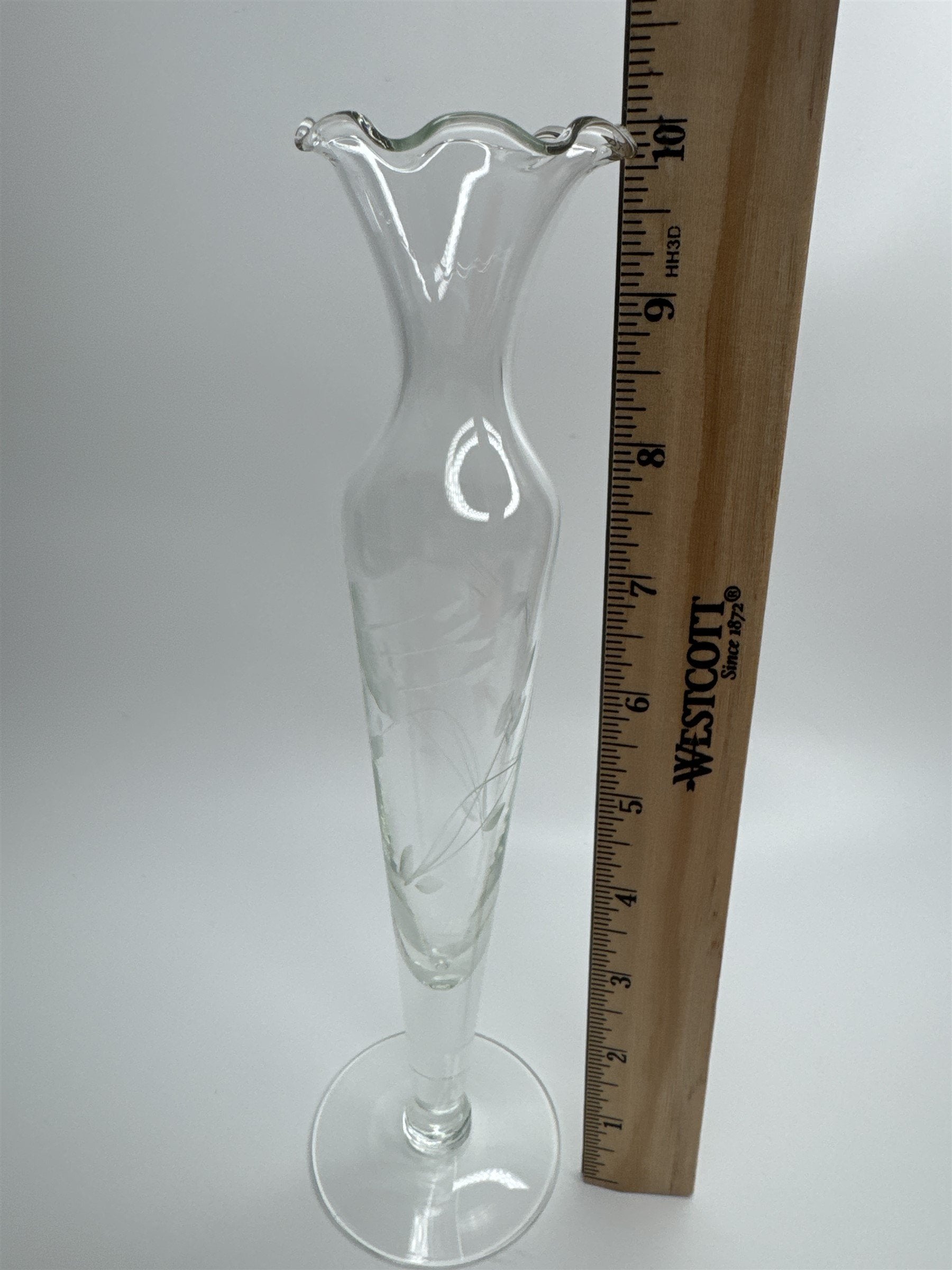 Clear Glass Etched Floral Pattern Footed Glass Bud Vase 10" Tall