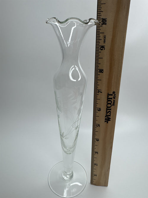 Clear Glass Etched Floral Pattern Footed Glass Bud Vase 10" Tall