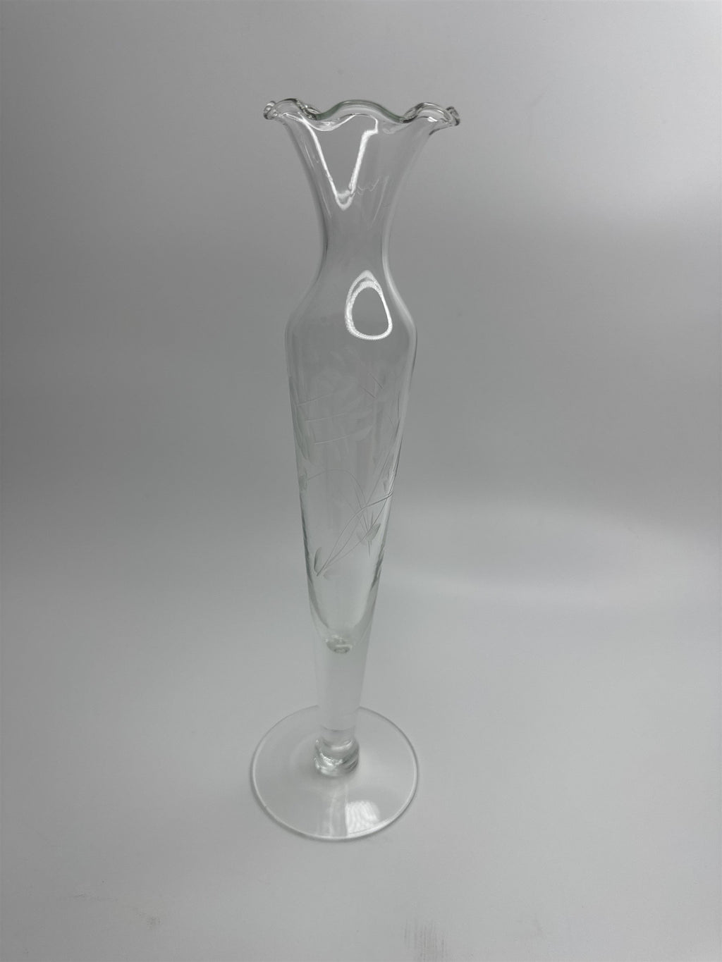 Clear Glass Etched Floral Pattern Footed Glass Bud Vase 10" Tall