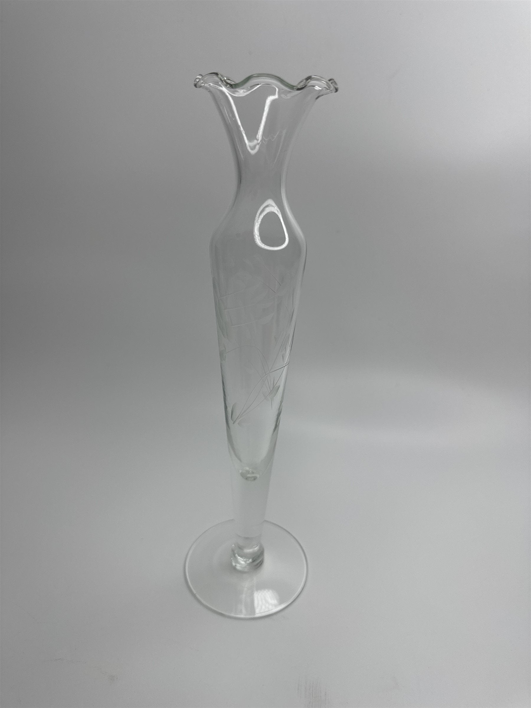 Clear Glass Etched Floral Pattern Footed Glass Bud Vase 10" Tall