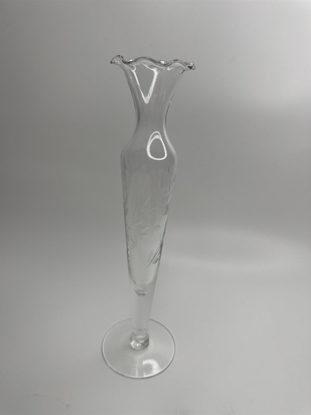 Clear Glass Etched Floral Pattern Footed Glass Bud Vase 10" Tall