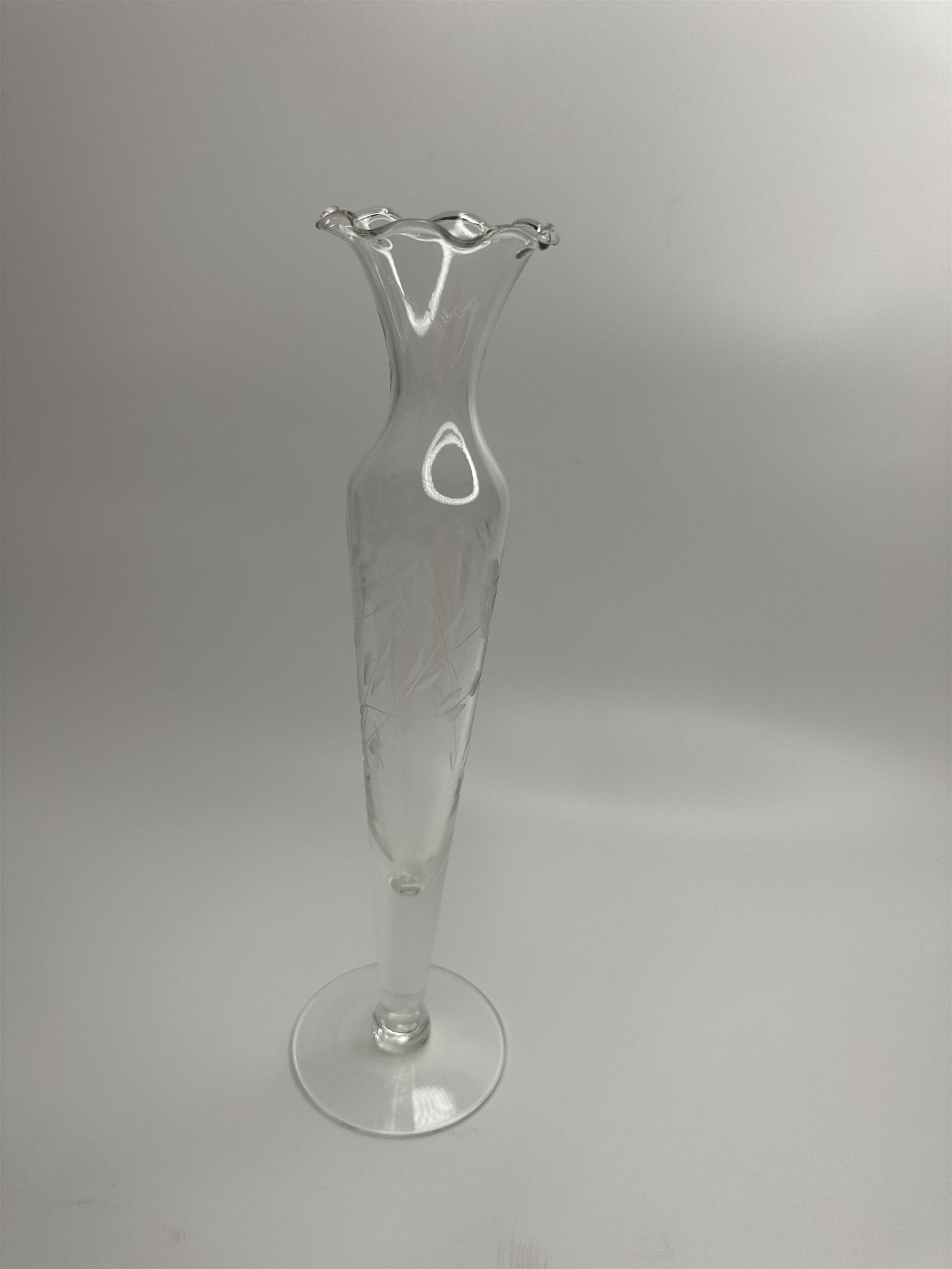 Clear Glass Etched Floral Pattern Footed Glass Bud Vase 10" Tall
