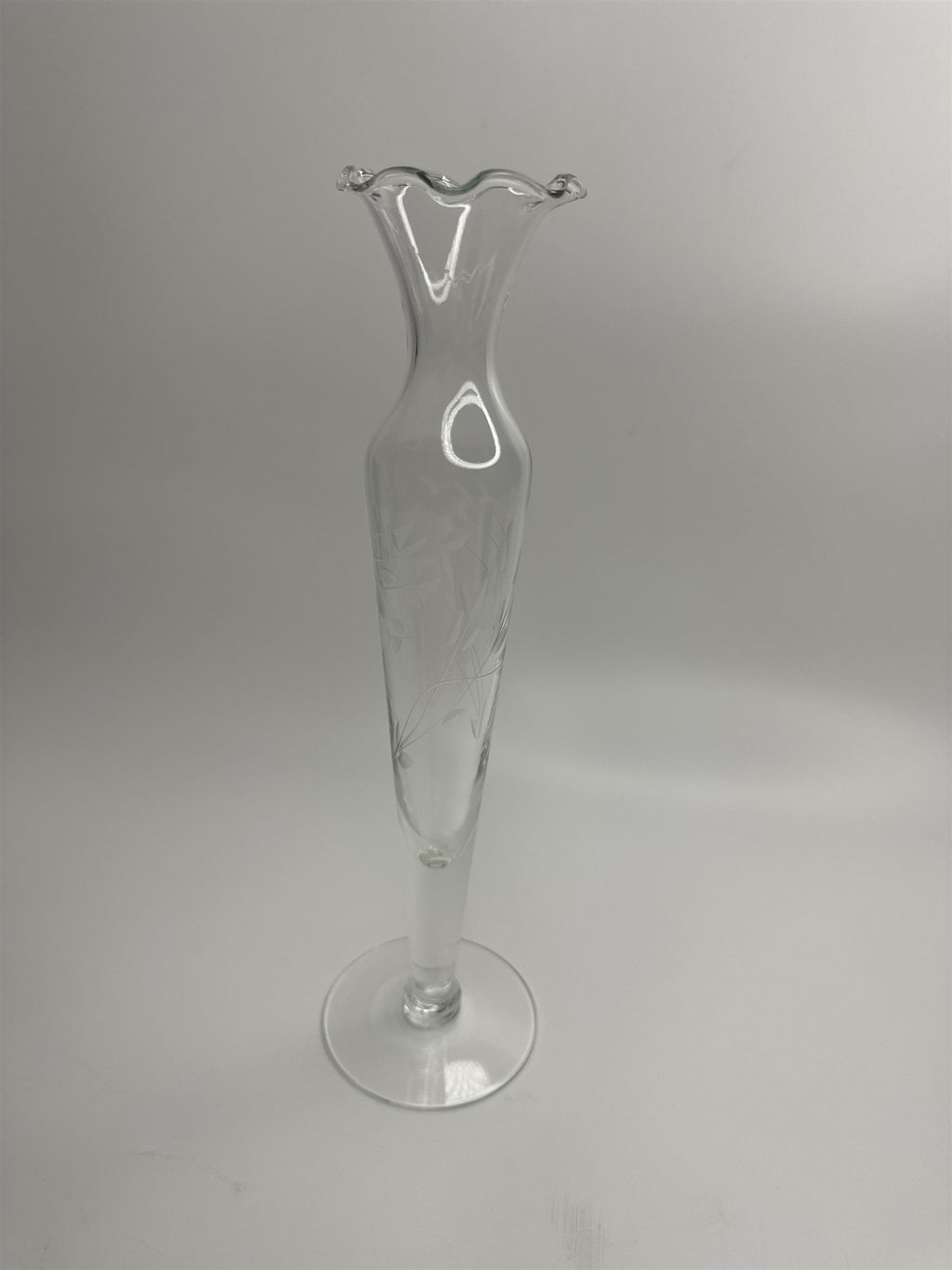 Clear Glass Etched Floral Pattern Footed Glass Bud Vase 10" Tall